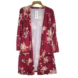 Dreagal Duster Cardigan Floral Pockets Women's Size Small Rose Red Pink Long Sle